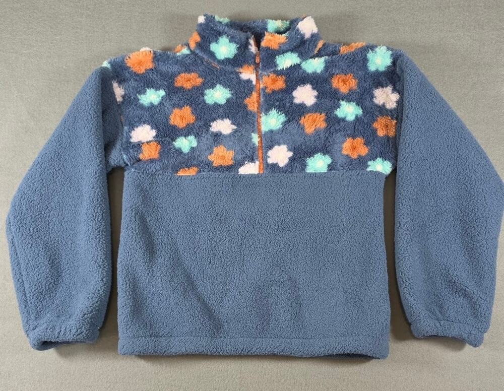 Love Glam Girl Quarter Zip Fuzzy Fleece Sherpa Pullover Daisy Floral Blue Large